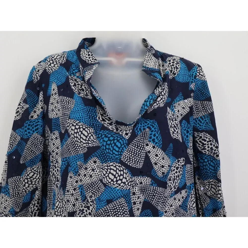 Tory Burch Stephanie Blue Sea Shell Sequins Detail Tunic Top Size 6